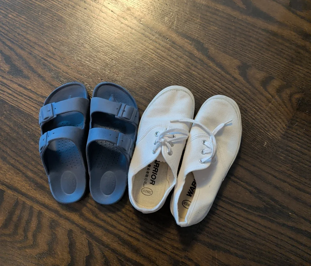 Kids White Canvas Lace-Up Sneakers and Blue Slide Sandals